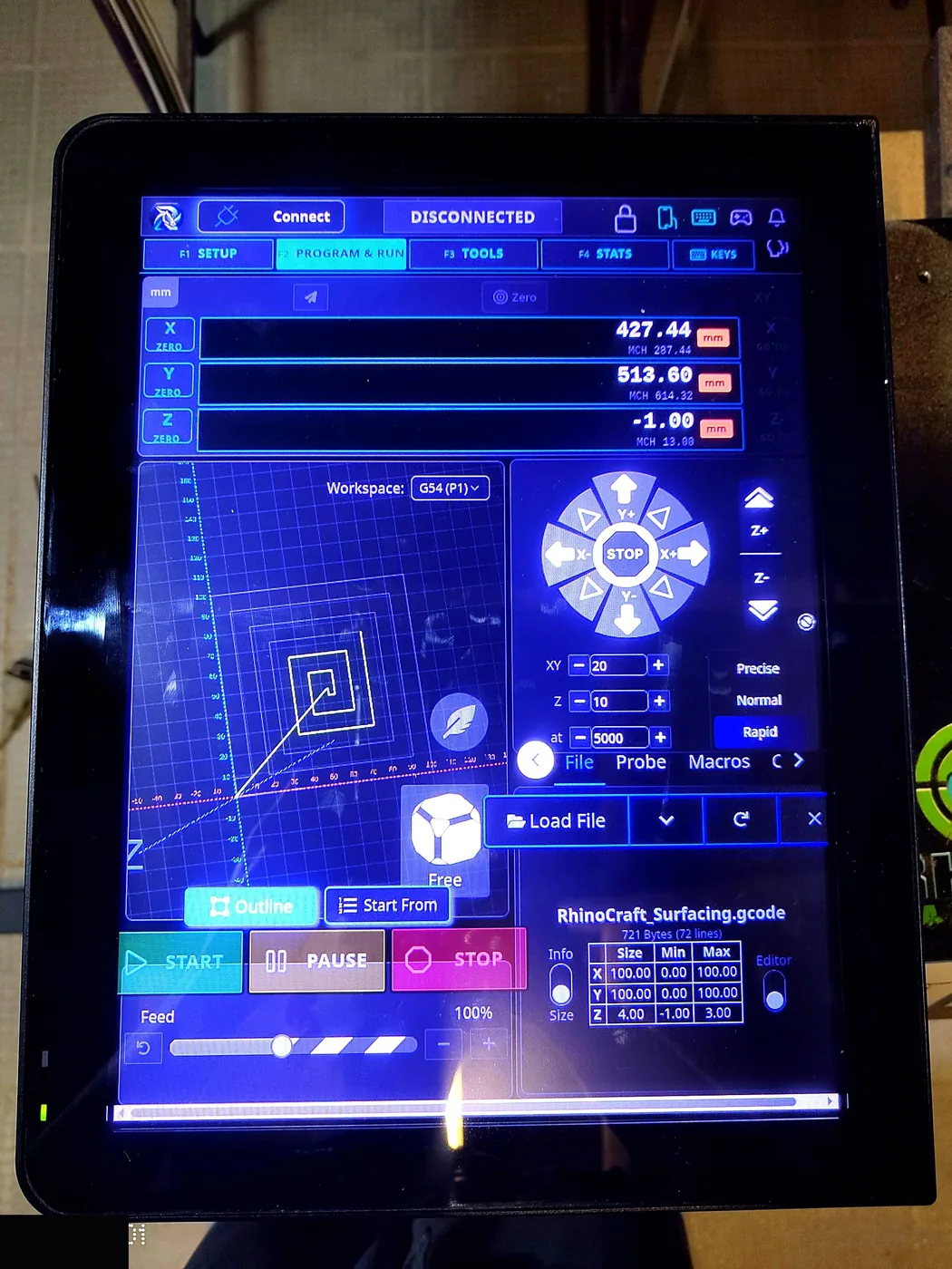 Rhino Craft Control on the touch display
